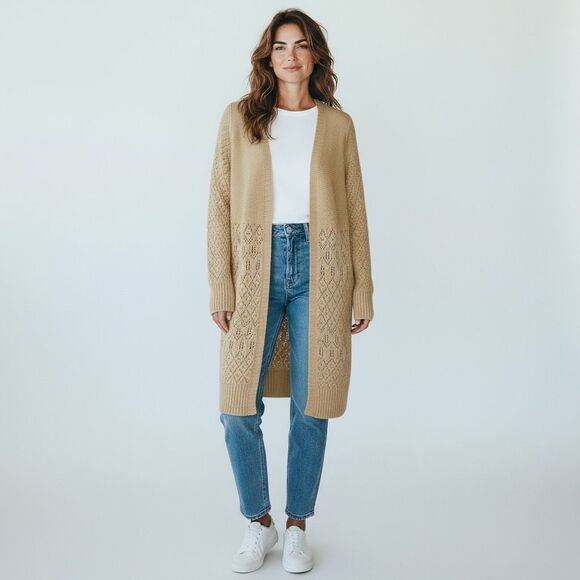 Azur Collection Open Front Pointelle Knit Longline Cardigan Pale Yellow Sz Large - Picture 2 of 8